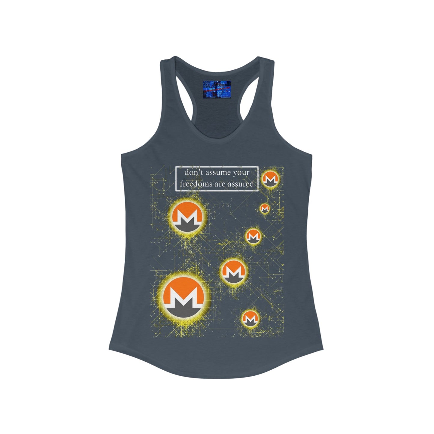 Monero (XMR) don't assume your freedoms are assured Dark colors Women's Racerback Tank Top by cypherpunkgear.com