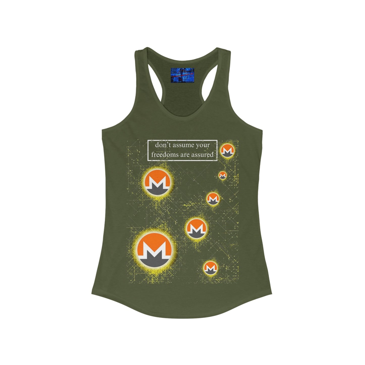 Monero (XMR) don't assume your freedoms are assured Dark colors Women's Racerback Tank Top by cypherpunkgear.com