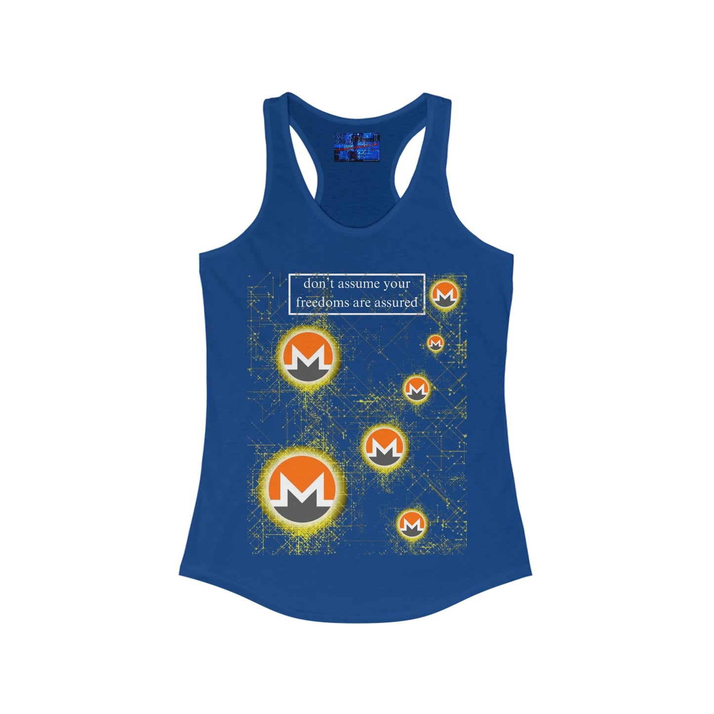 Monero (XMR) don't assume your freedoms are assured Dark colors Women's Racerback Tank Top by cypherpunkgear.com