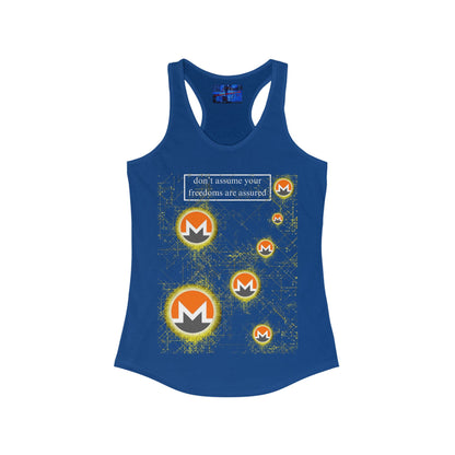 Monero (XMR) don't assume your freedoms are assured Dark colors Women's Racerback Tank Top by cypherpunkgear.com