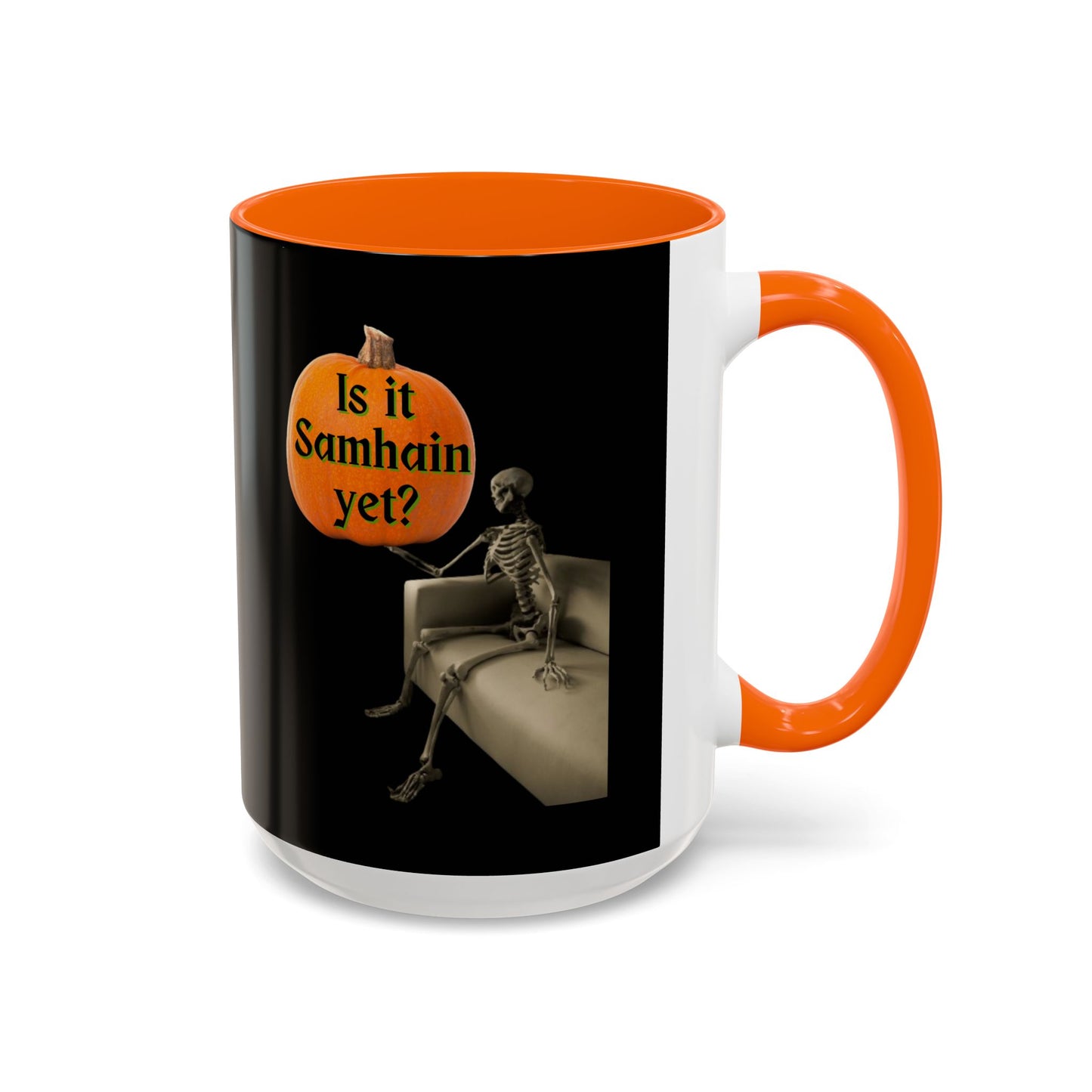 Is it Samhain yet? Skeleton's Pumpkin Black Accent Mug by CreepyCrafts.boo
