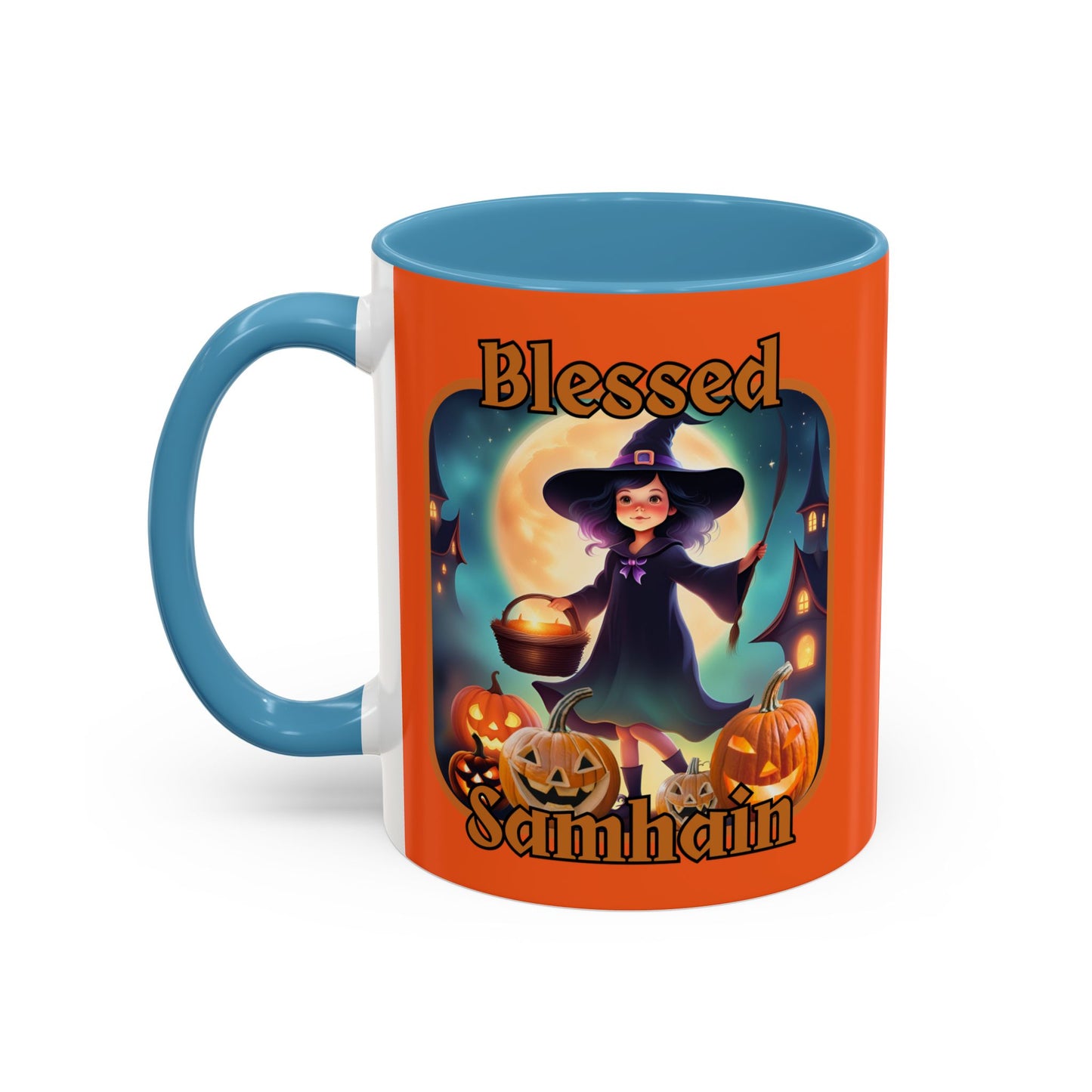 Blessed Samhain Little Witch Orange font Orange Accent Mug by CreepyCrafts.boo