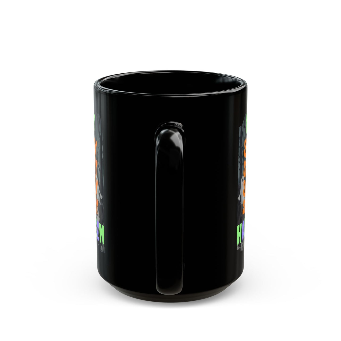 Spooky Happy Halloween Ghost Mixed font Black Mug by CreepyCrafts.boo