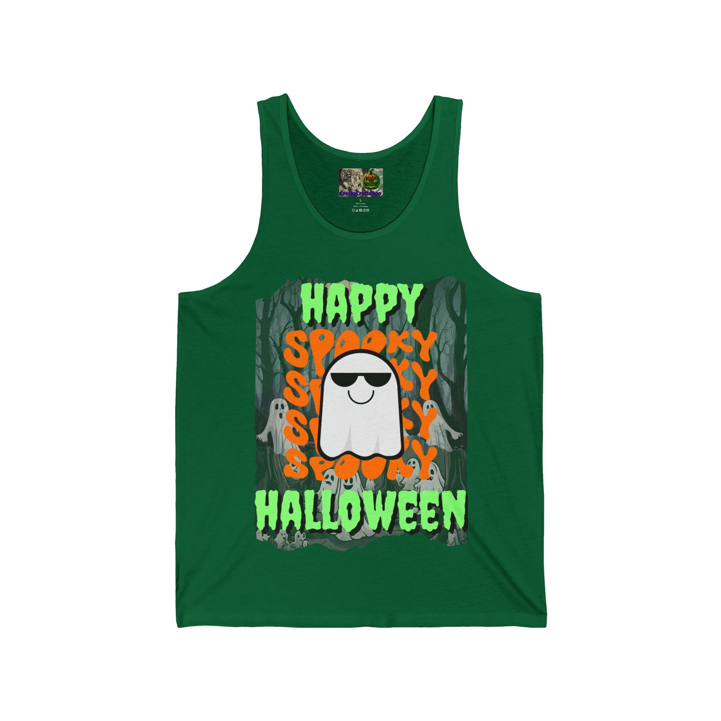 Spooky Happy Halloween Ghost Green font Unisex Jersey Tank Top by CreepyCrafts.boo