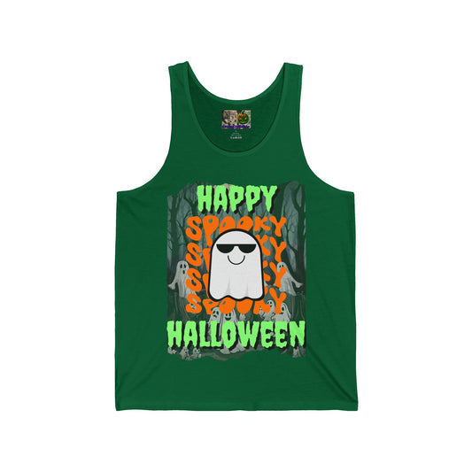 Spooky Happy Halloween Ghost Green font Unisex Jersey Tank Top by CreepyCrafts.boo