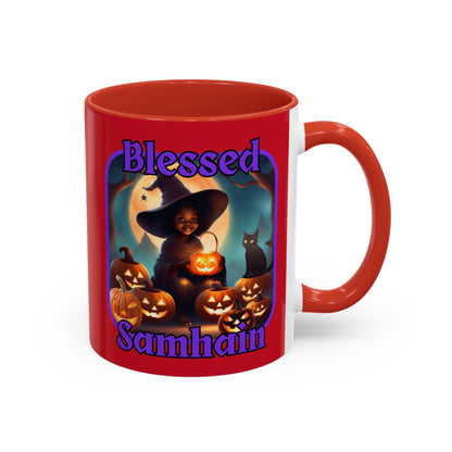 Blessed Samhain Cute Witch Purple font Red Accent Mug by CreepyCrafts.boo