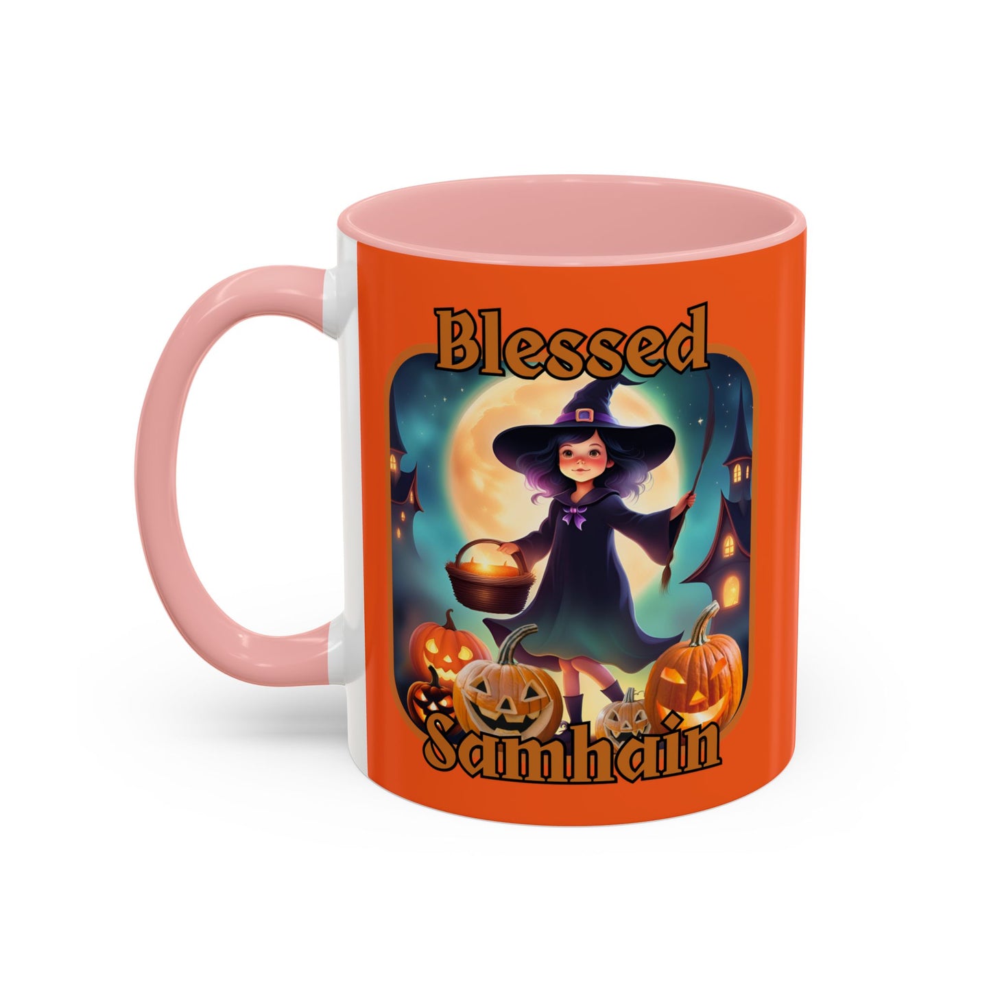 Blessed Samhain Little Witch Orange font Orange Accent Mug by CreepyCrafts.boo