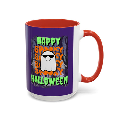 Spooky Happy Halloween Ghost Green font Purple Accent Mug by CreepyCrafts.boo