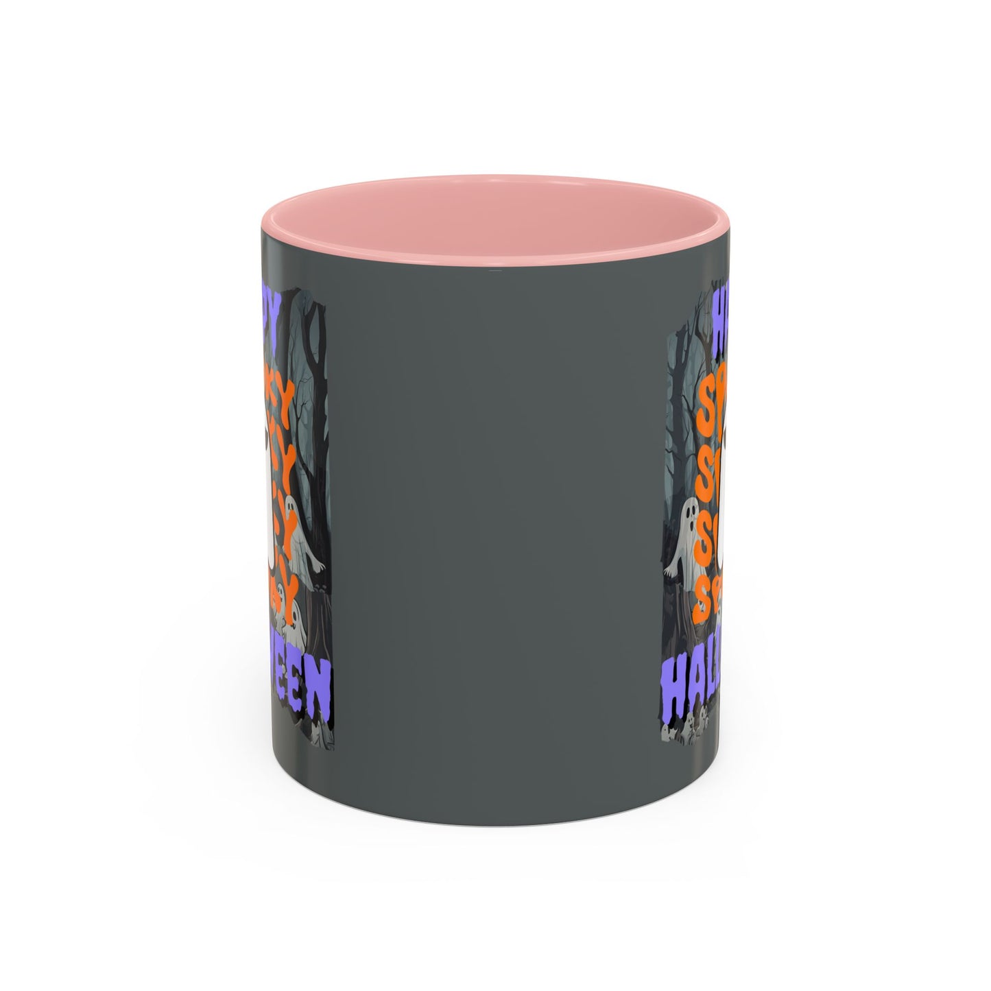 Spooky Happy Halloween Ghost Purple font Grey Accent Mug by CreepyCrafts.boo