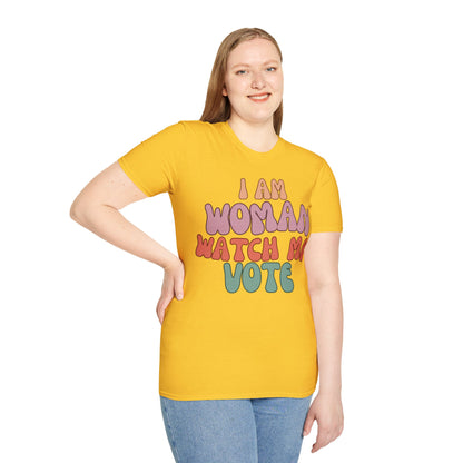I Am Woman Watch Me Vote Light colors Unisex T-Shirt by cypherpunkgear.com