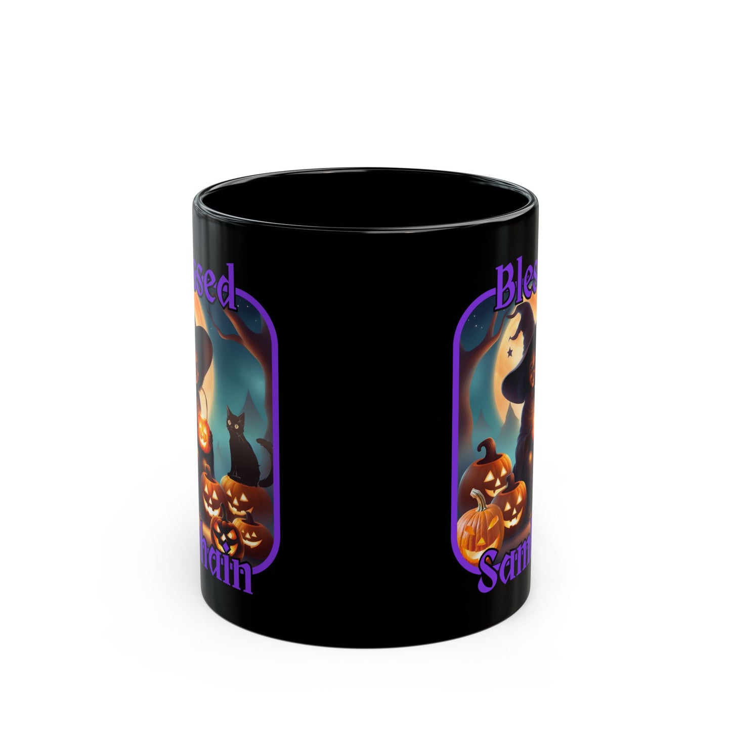 Blessed Samhain Cute Witch Purple font Black Mug by CreepyCrafts.boo