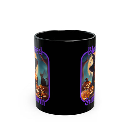 Blessed Samhain Cute Witch Purple font Black Mug by CreepyCrafts.boo