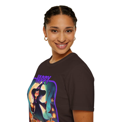 Happy Halloween Little Witch Purple font, Dark colors, Unisex T-Shirt by CreepyCrafts.boo