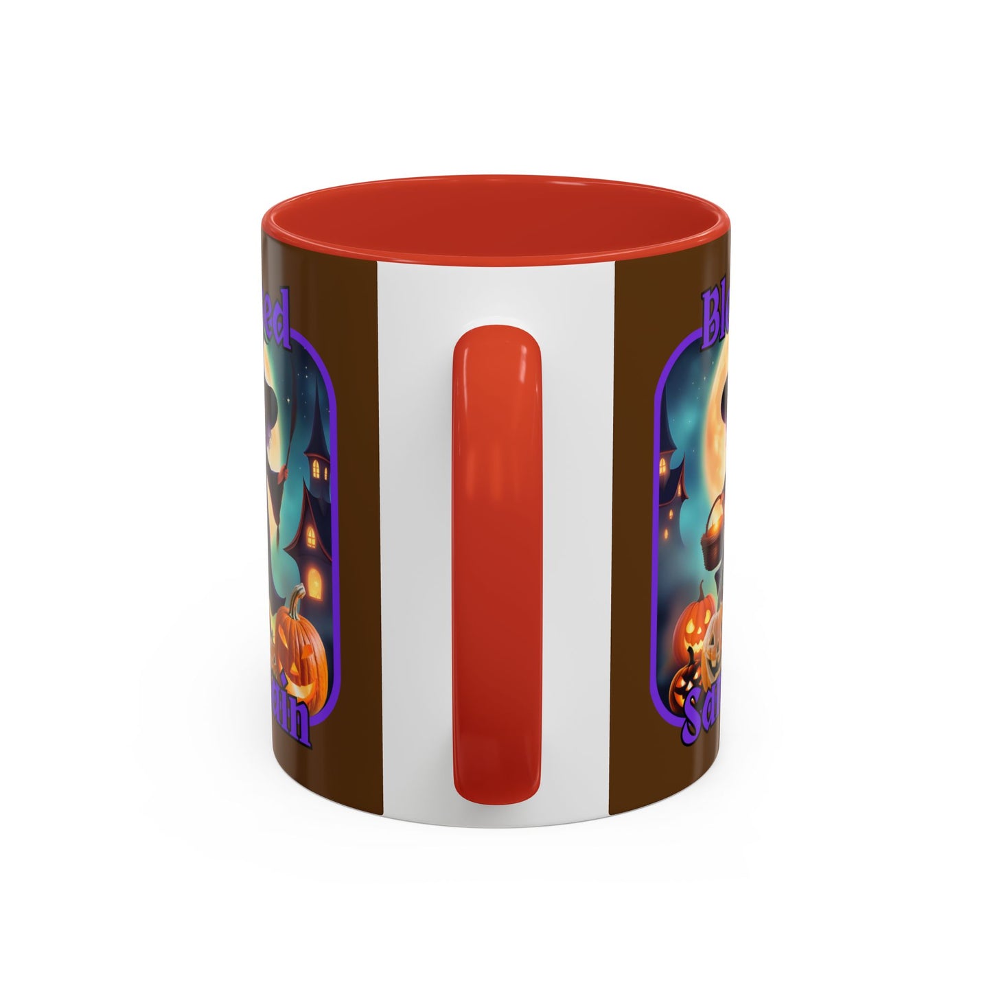 Blessed Samhain Little Witch Purple font Brown Accent Mug by CreepyCrafts.boo