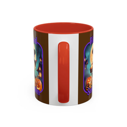 Blessed Samhain Little Witch Purple font Brown Accent Mug by CreepyCrafts.boo