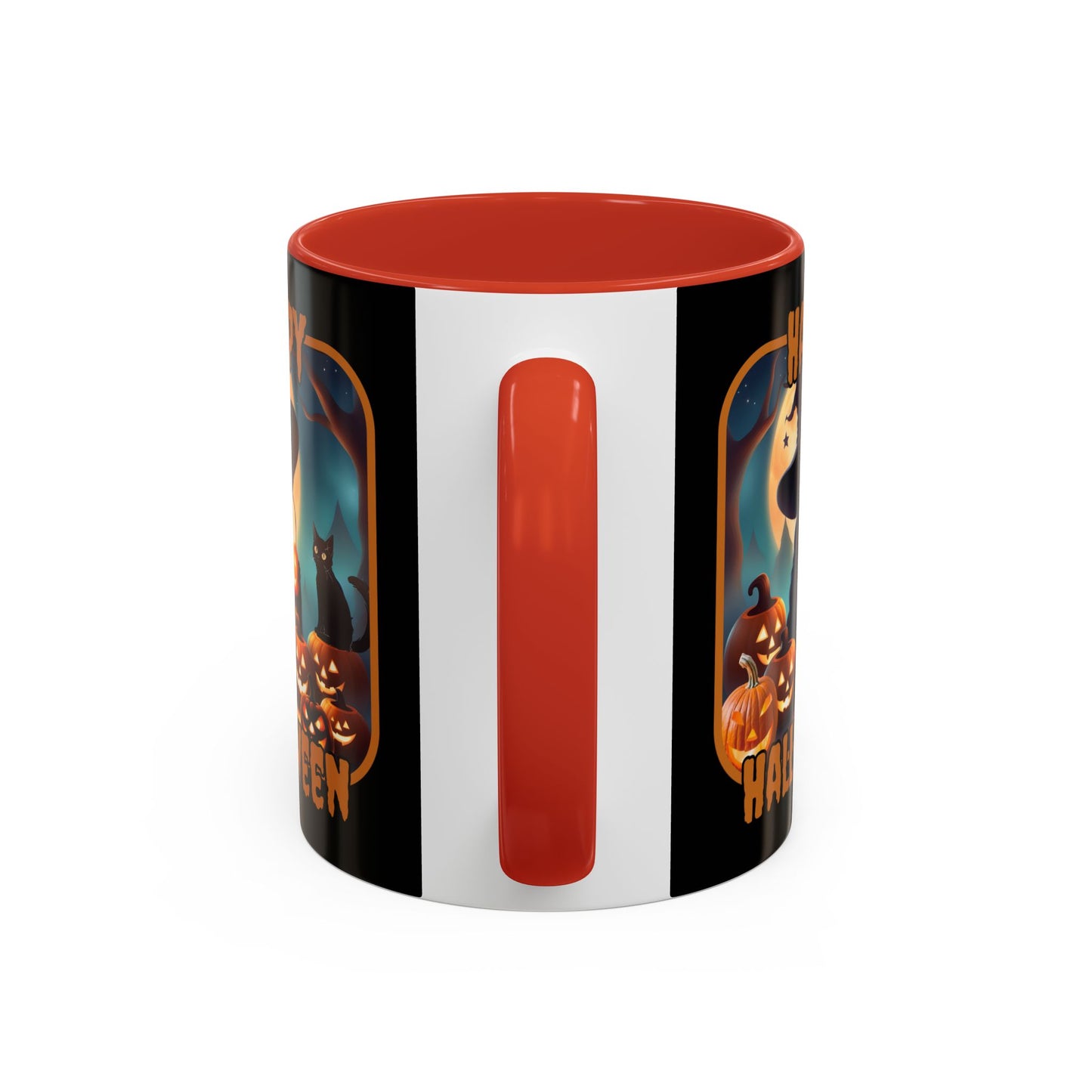 Happy Halloween Cute Witch Orange font Black Accent Mug by CreepyCrafts.boo