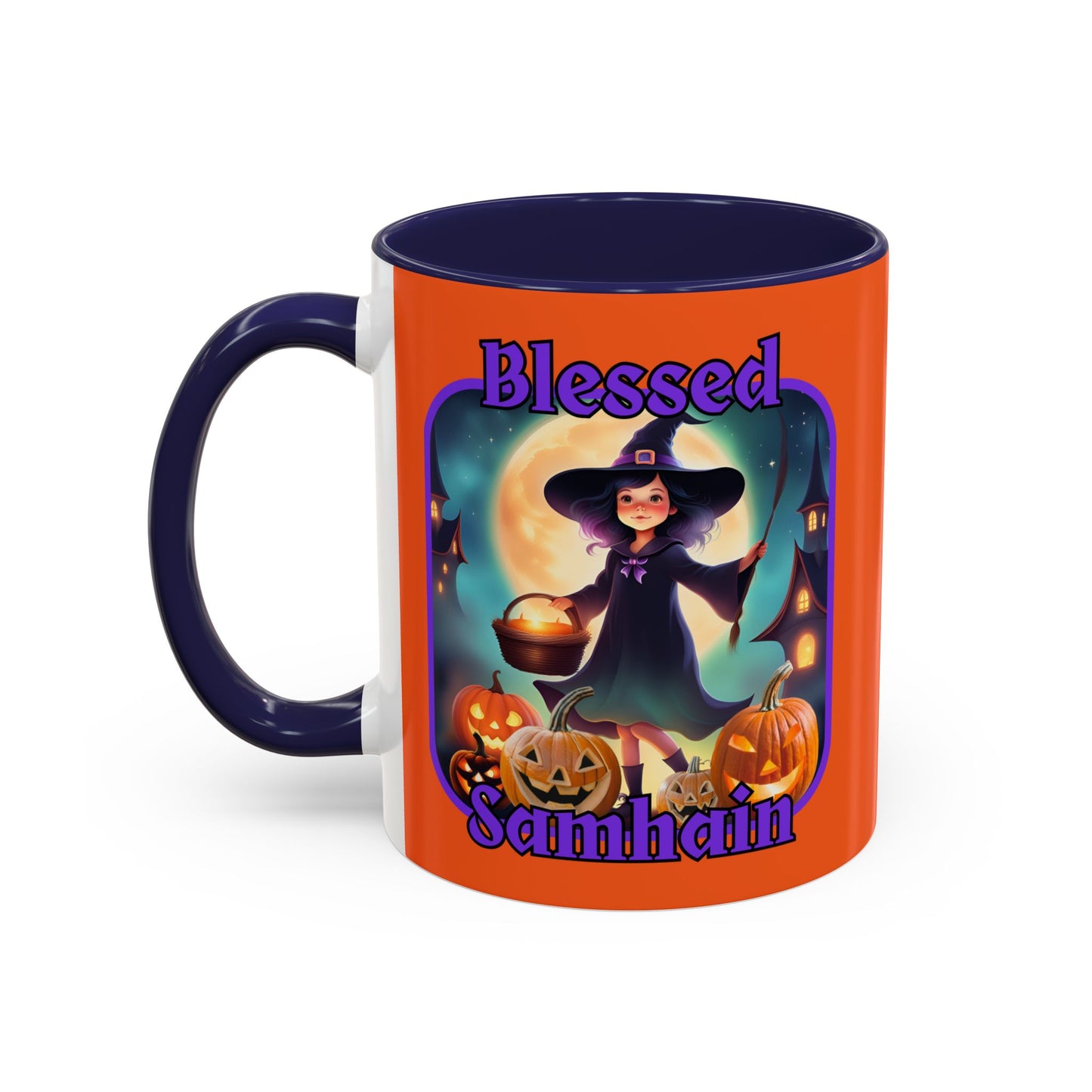 Blessed Samhain Little Witch Purple font Orange Accent Mug by CreepyCrafts.boo