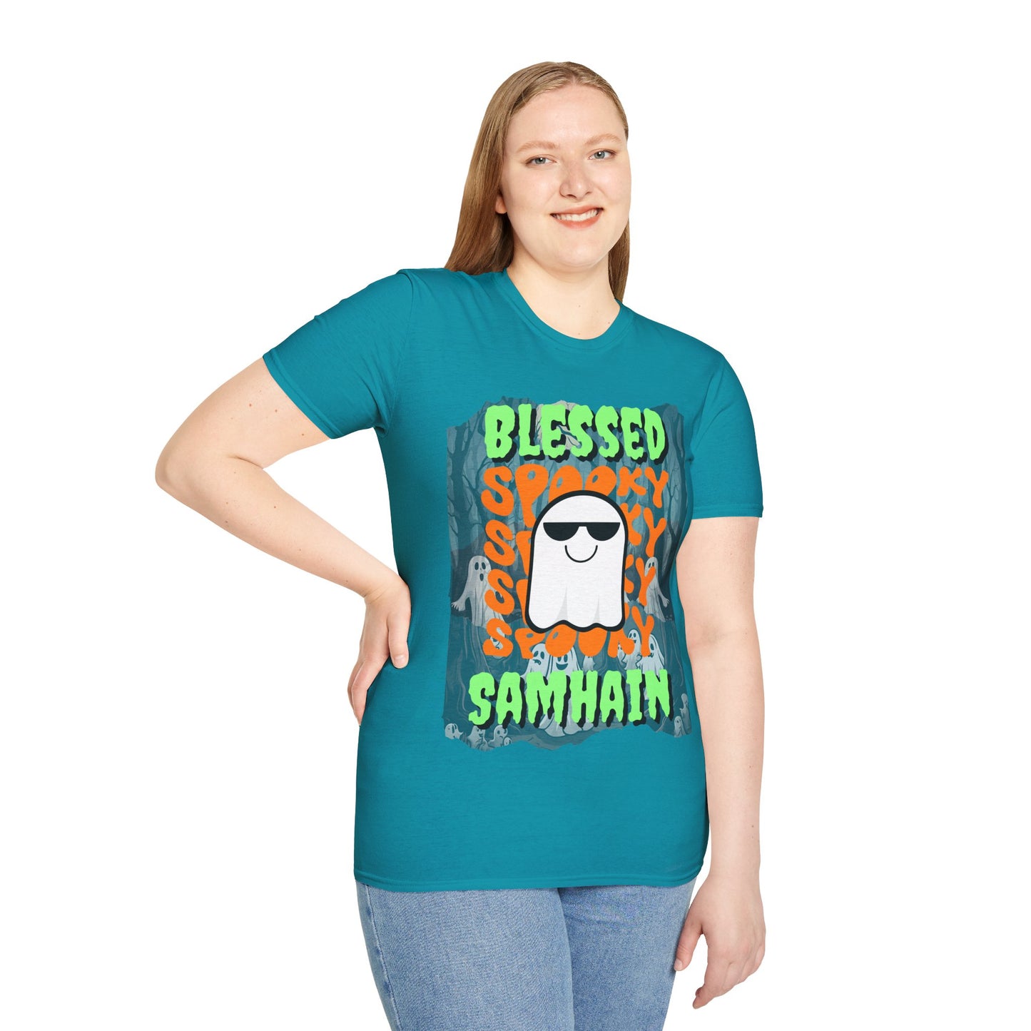 Spooky Blessed Samhain Ghost Green font Unisex T-Shirt by CreepyCrafts.boo