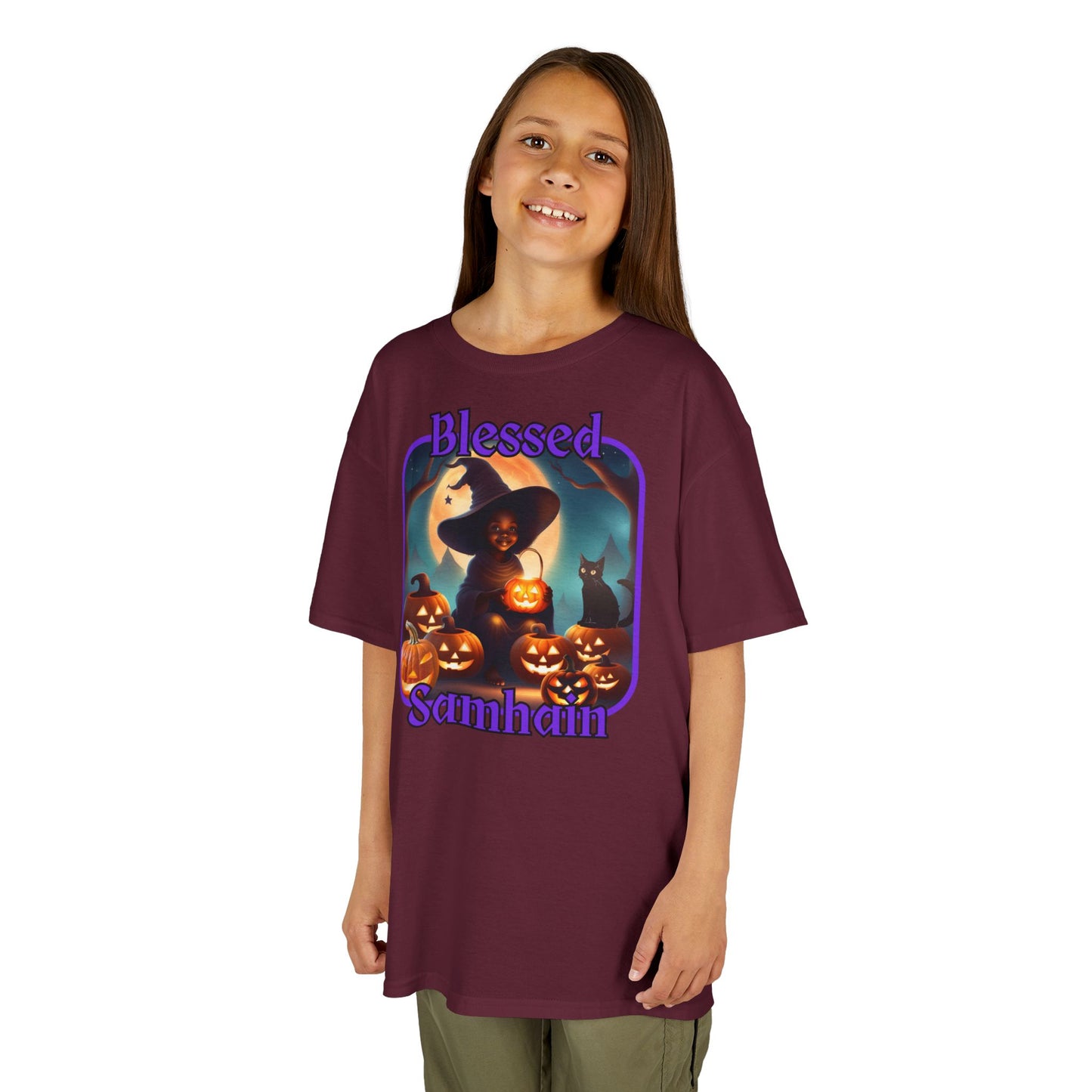 Blessed Samhain Cute Witch Purple font Kids Heavy Cotton™ Tee by CreepyCrafts.boo