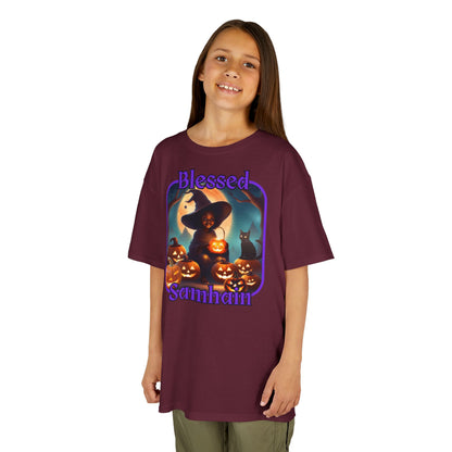 Blessed Samhain Cute Witch Purple font Kids Heavy Cotton™ Tee by CreepyCrafts.boo