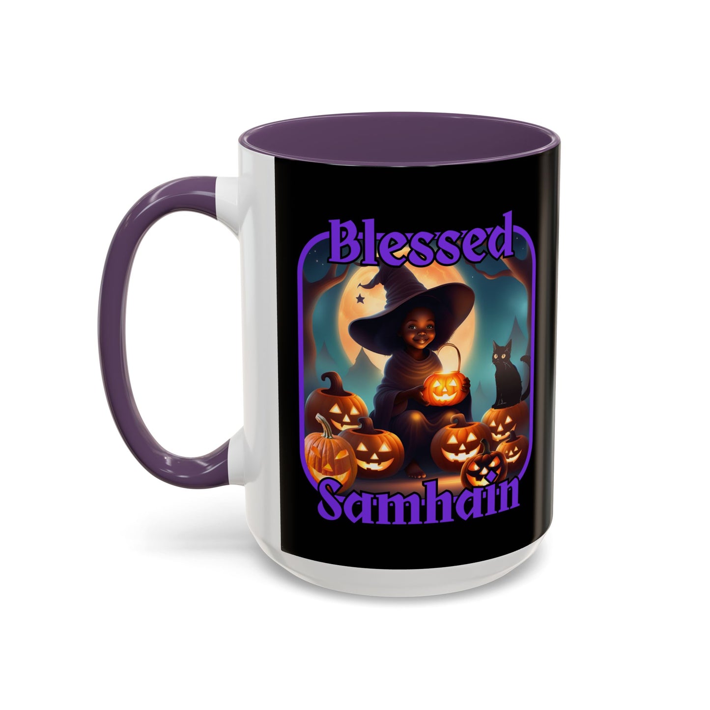 Blessed Samhain Cute Witch Purple font Black Accent Mug by CreepyCrafts.boo