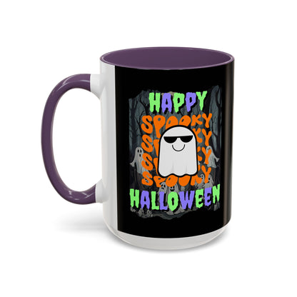 Spooky Happy Halloween Ghost Mixed font Black Accent Mug by CreepyCrafts.boo
