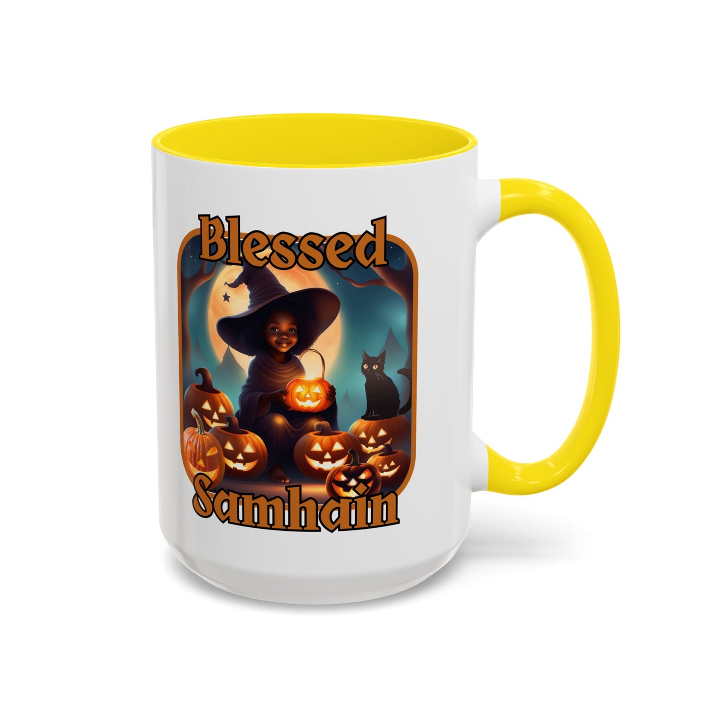 Blessed Samhain Cute Witch Orange font White Accent Mug by CreepyCrafts.boo