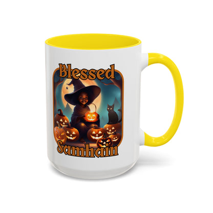 Blessed Samhain Cute Witch Orange font White Accent Mug by CreepyCrafts.boo