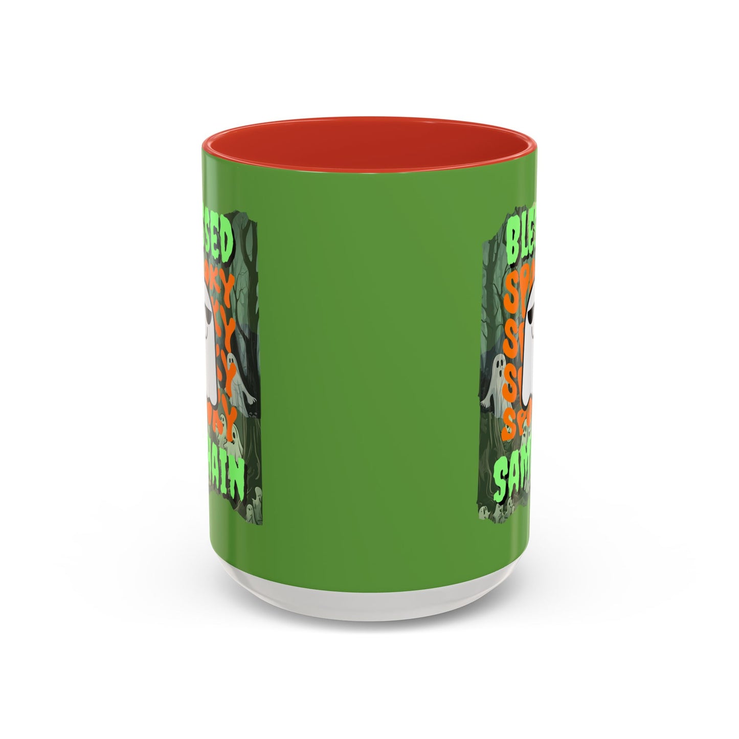 Spooky Blessed Samhain Ghost Green font Accent Mug by CreepyCrafts.boo