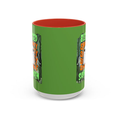 Spooky Blessed Samhain Ghost Green font Accent Mug by CreepyCrafts.boo