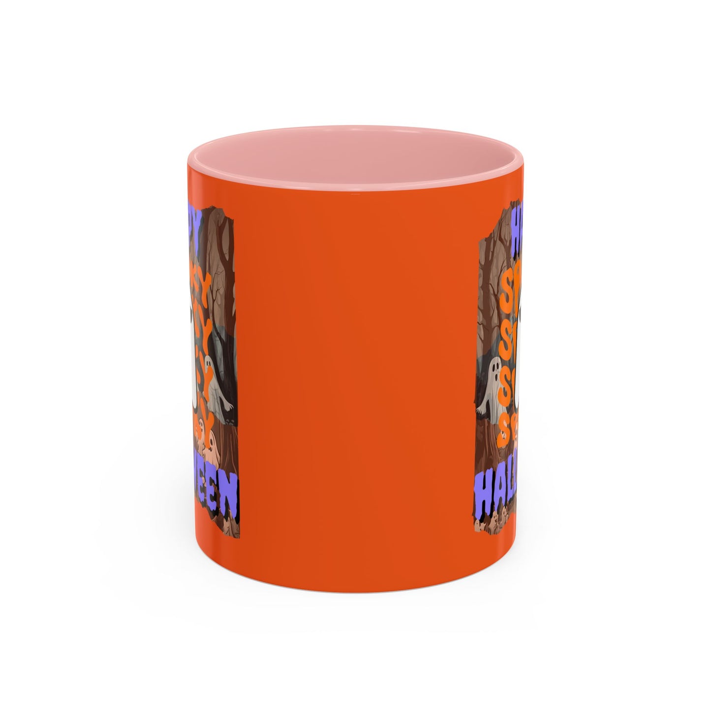 Spooky Happy Halloween Ghost Purple font Orange Accent Mug by CreepyCrafts.boo