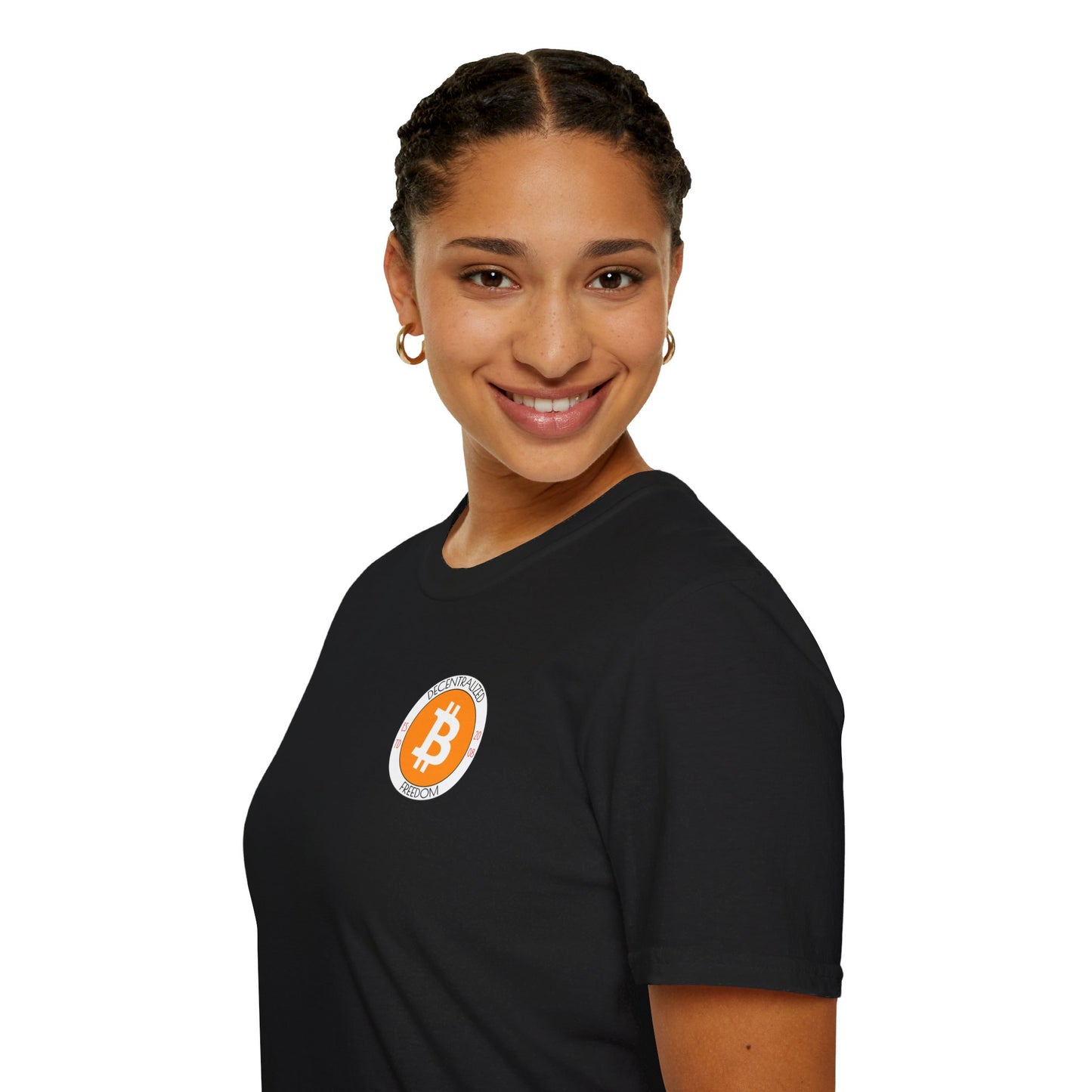 2-sided Bitcoin (BTC) Decentralized Freedom DKcolors Unisex T-Shirt by cypherpunkgear