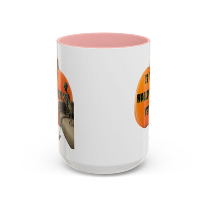 Is it Halloween yet? Skeleton's Giant Pumpkin White Accent Mug by CreepyCrafts.boo