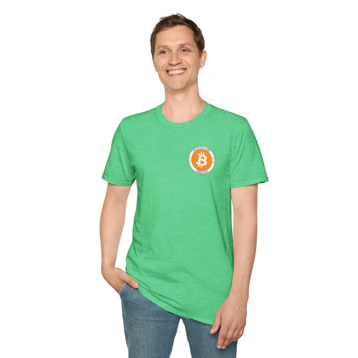 2-sided Bitcoin (BTC) Decentralized Freedom DKcolors Unisex T-Shirt by cypherpunkgear