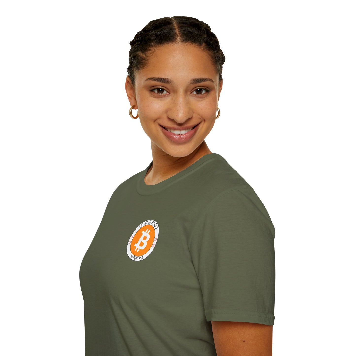 2-sided Bitcoin (BTC) Decentralized Freedom DKcolors Unisex T-Shirt by cypherpunkgear