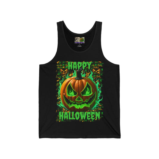 Happy Halloween Green Jack Unisex Jersey Tank Top by CreepyCrafts.boo