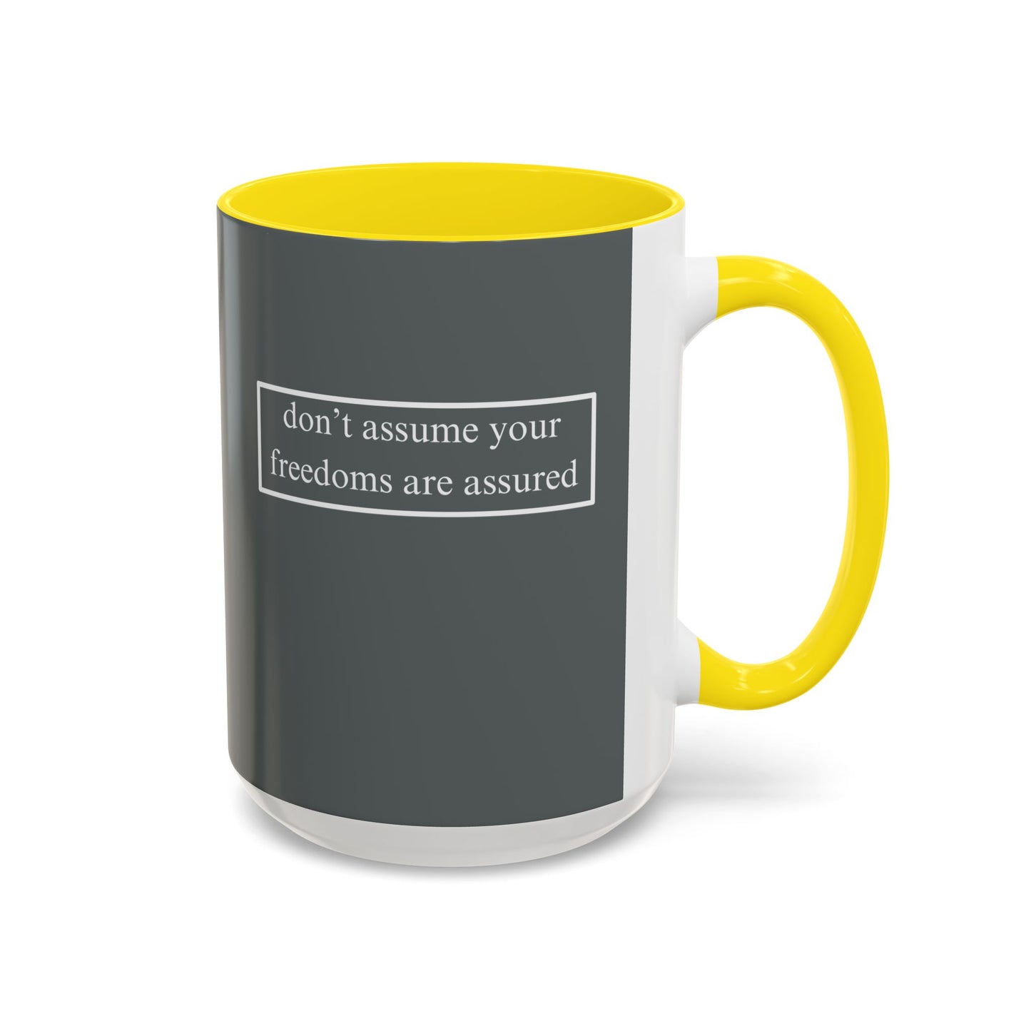 don't assume your freedoms are assured, White font, Grey Accent Mug by cypherpunkgear.com