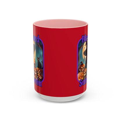 Blessed Samhain Cute Witch Purple font Red Accent Mug by CreepyCrafts.boo