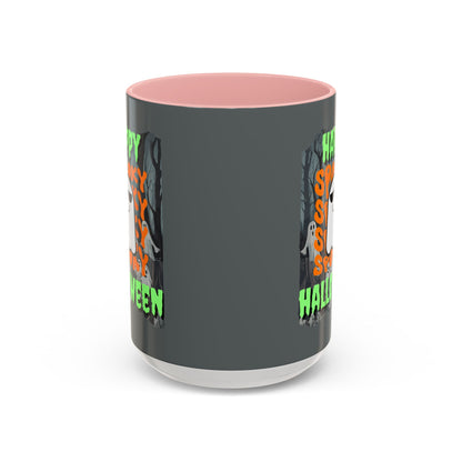 Spooky Happy Halloween Ghost Green font Grey Accent Mug by CreepyCrafts.boo