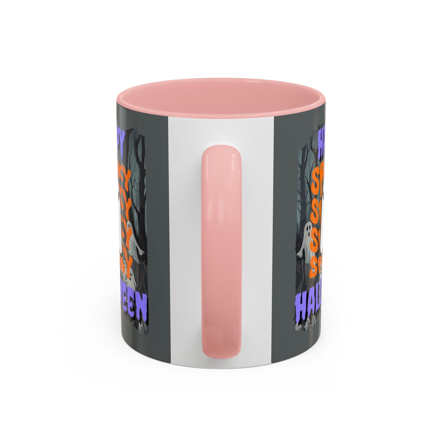 Spooky Happy Halloween Ghost Purple font Grey Accent Mug by CreepyCrafts.boo