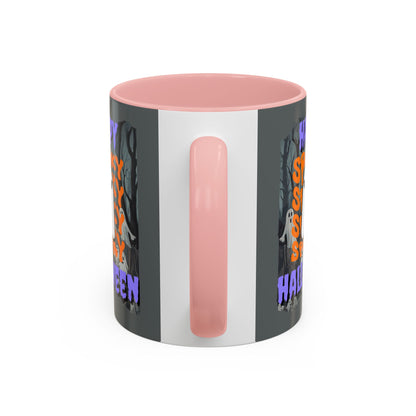 Spooky Happy Halloween Ghost Purple font Grey Accent Mug by CreepyCrafts.boo