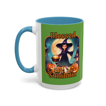 Blessed Samhain Little Witch Orange font Green Accent Mug by CreepyCrafts.boo