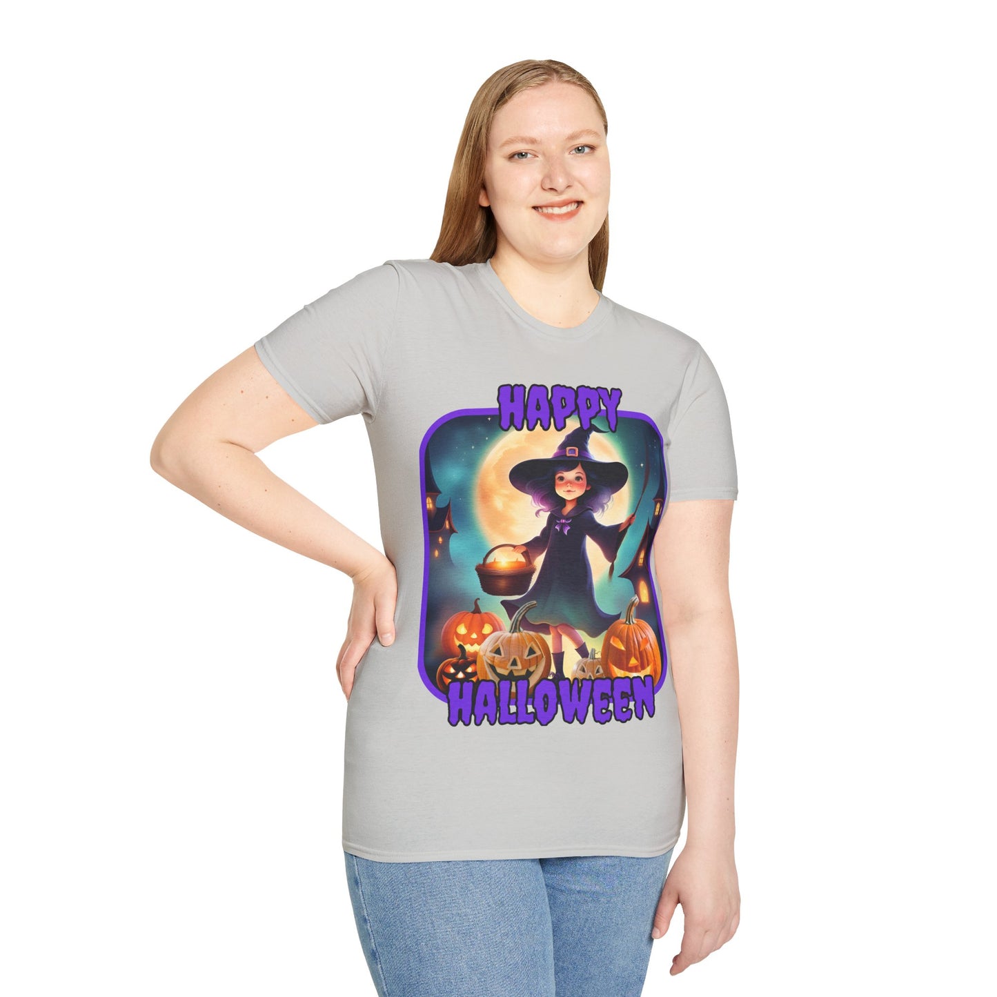 Happy Halloween Little Witch Purple font, Light colors, Unisex T-Shirt by CreepyCrafts.boo