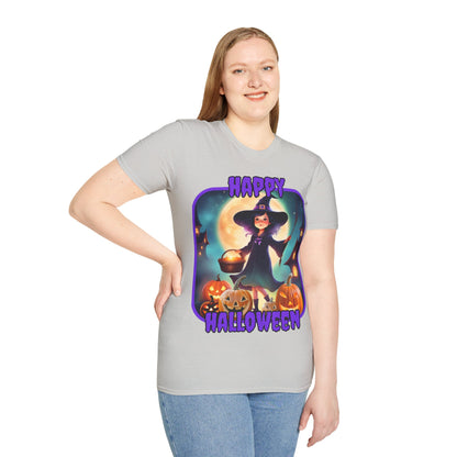 Happy Halloween Little Witch Purple font, Light colors, Unisex T-Shirt by CreepyCrafts.boo