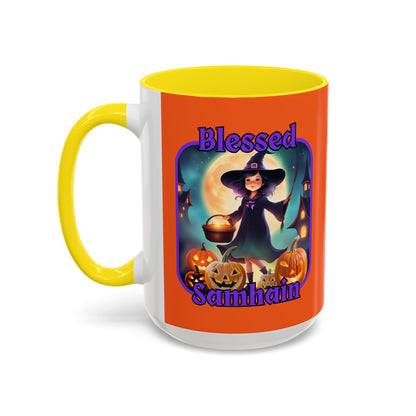 Blessed Samhain Little Witch Purple font Orange Accent Mug by CreepyCrafts.boo