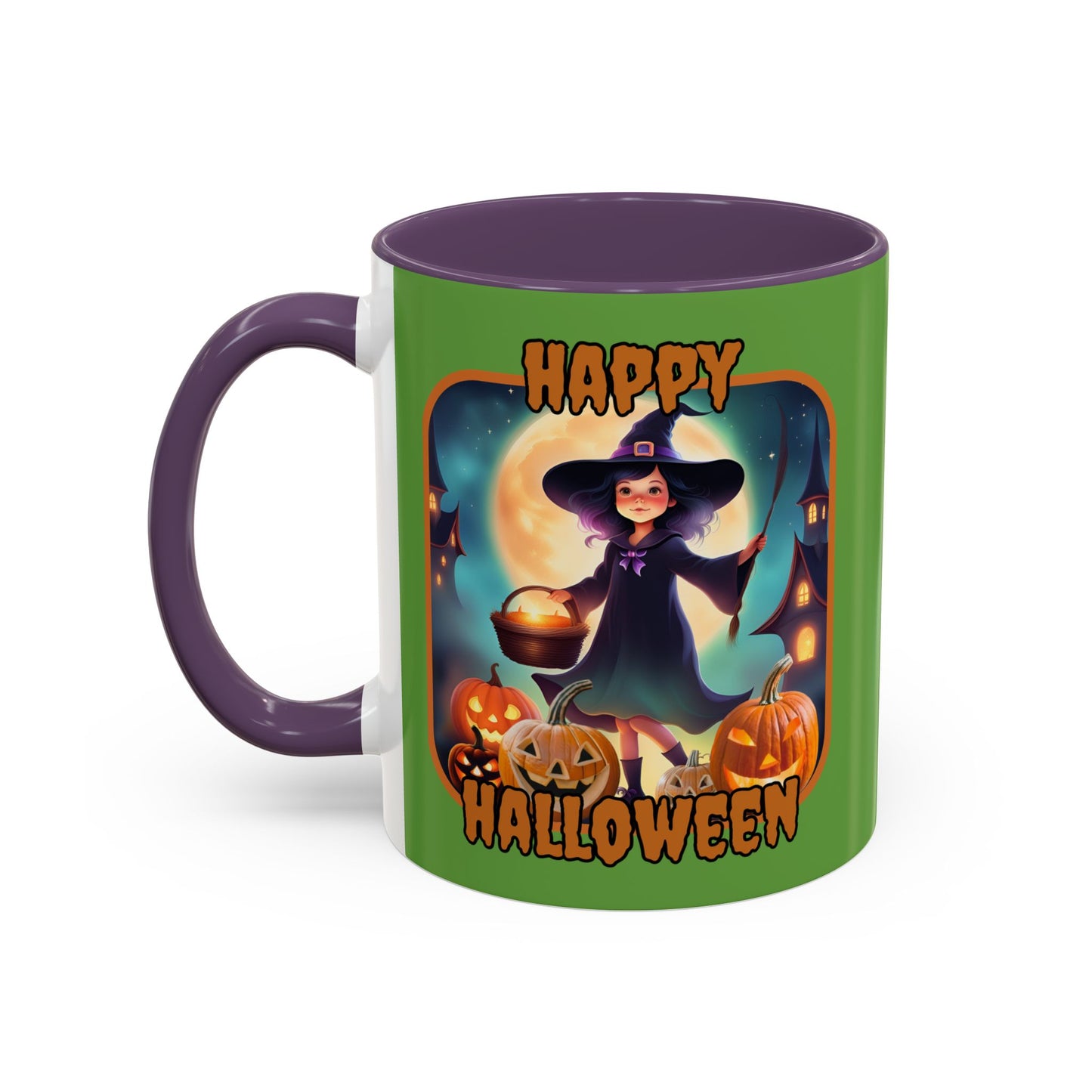 Happy Halloween Little Witch Orange font Green Accent Mug by CreepyCrafts.boo