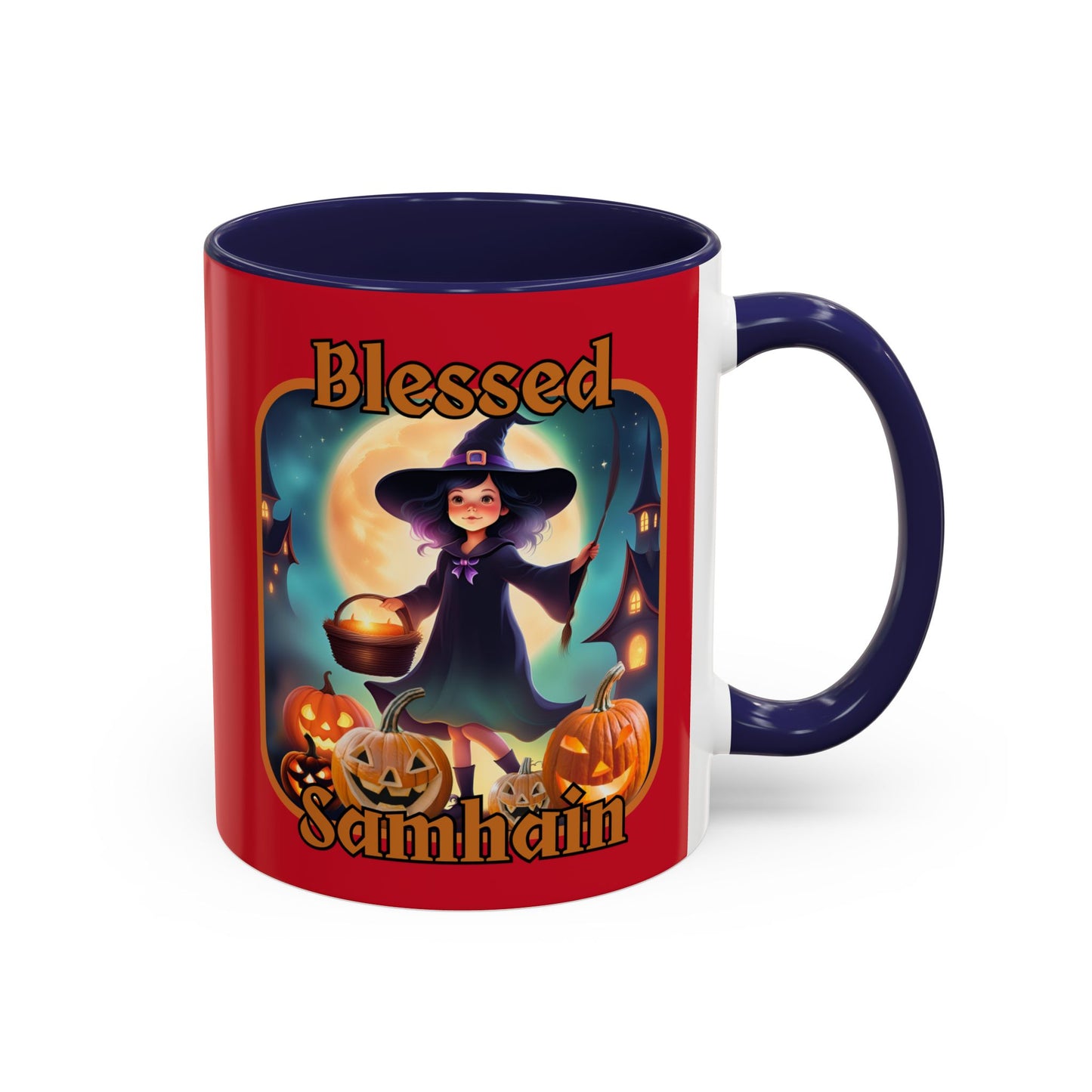 Blessed Samhain Little Witch Orange font Red Accent Mug by CreepyCrafts.boo