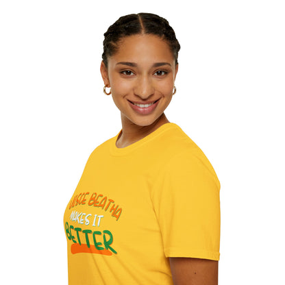 Uisce Beatha makes it better Orange, White, and Green font Light colors Unisex T-Shirt by cypherpunkgear.com