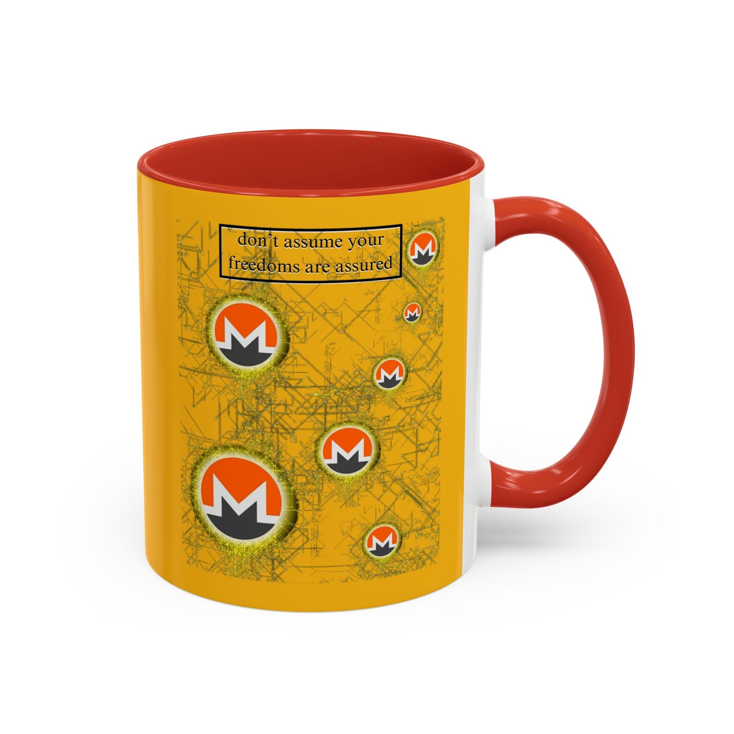 Monero (XMR) don't assume your freedoms are assured Yellow Accent Mug by cypherpunkgear.com