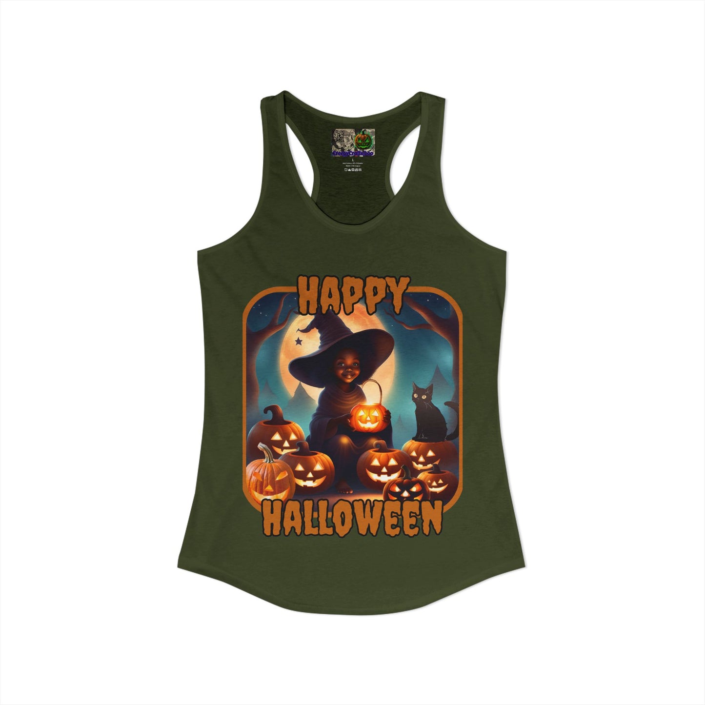Happy Halloween Cute Witch Orange font Women's Racerback Tank Top by CreepyCrafts.boo